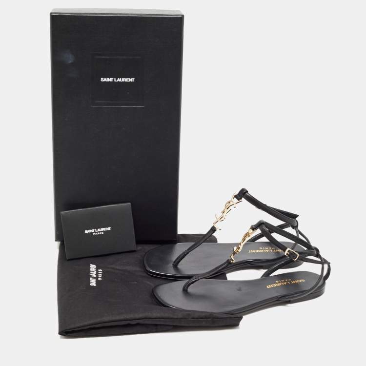 Pre Owned Saint Laurent Black Leather Logo T Bar Ankle Strap Flat Sandals Size 35