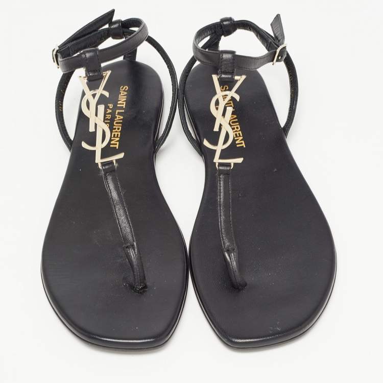 Pre Owned Saint Laurent Black Leather Logo T Bar Ankle Strap Flat Sandals Size 35