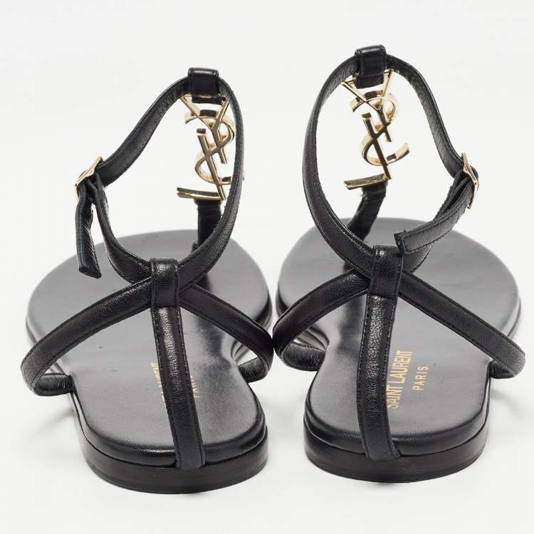 Pre Owned Saint Laurent Black Leather Logo T Bar Ankle Strap Flat Sandals Size 35