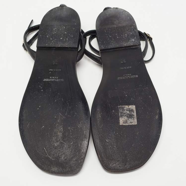 Pre Owned Saint Laurent Black Leather Logo T Bar Ankle Strap Flat Sandals Size 35