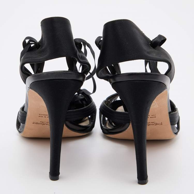 Pre Owned Saint Laurent Paris Black Satin Cage Ankle Wrap Pumps Size 40