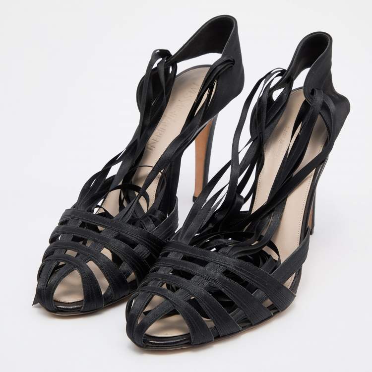 Pre Owned Saint Laurent Paris Black Satin Cage Ankle Wrap Pumps Size 40