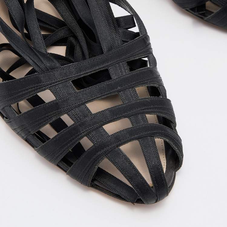 Pre Owned Saint Laurent Paris Black Satin Cage Ankle Wrap Pumps Size 40