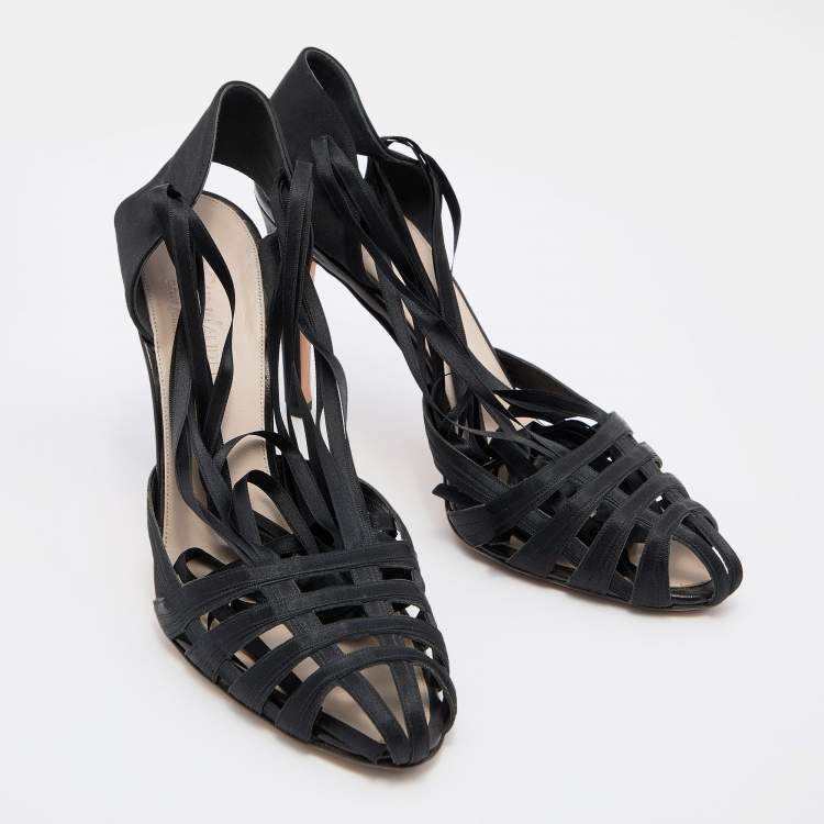 Pre Owned Saint Laurent Paris Black Satin Cage Ankle Wrap Pumps Size 40