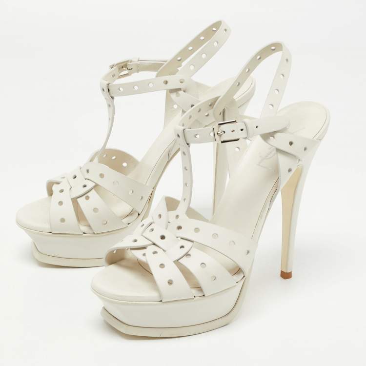 Pre Owned Saint Laurent White  Perforated Leather Tribute Ankle Strap Platform Sandals Size 37.5