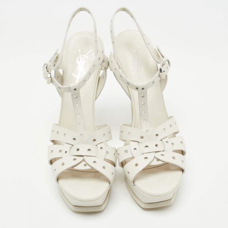 Pre Owned Saint Laurent White  Perforated Leather Tribute Ankle Strap Platform Sandals Size 37.5