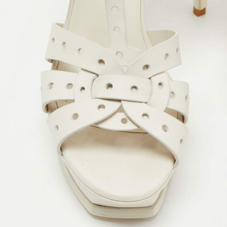 Pre Owned Saint Laurent White  Perforated Leather Tribute Ankle Strap Platform Sandals Size 37.5