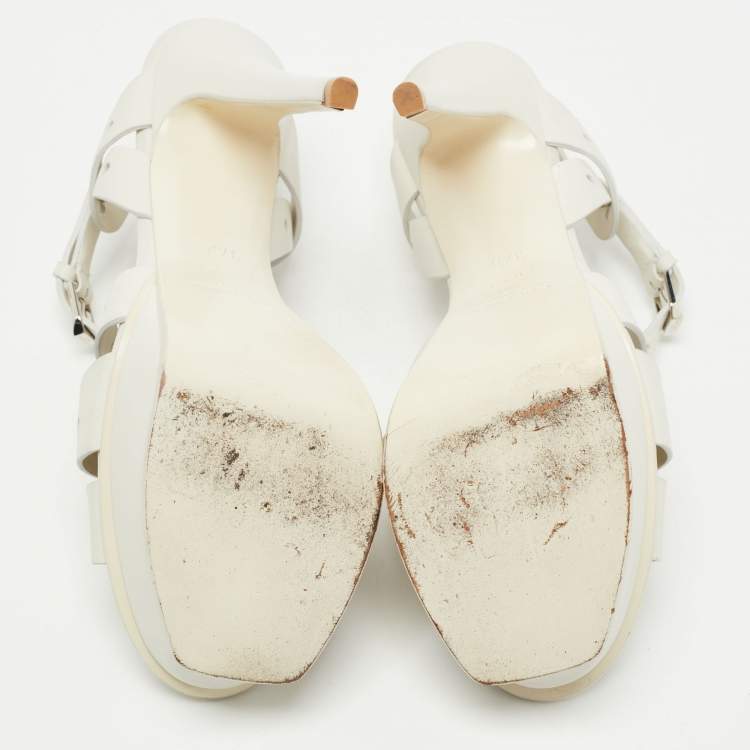 Pre Owned Saint Laurent White  Perforated Leather Tribute Ankle Strap Platform Sandals Size 37.5