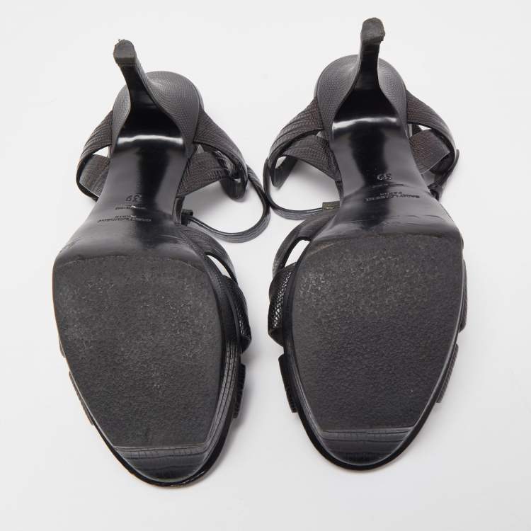 Pre Owned Saint Laurent Black Lizard Embossed Leather Tribute Sandals Size 39
