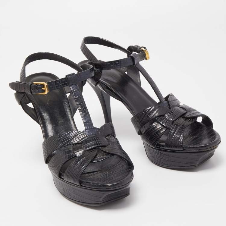 Pre Owned Saint Laurent Black Lizard Embossed Leather Tribute Sandals Size 39