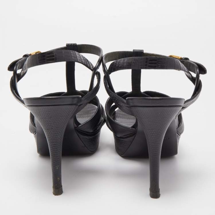 Pre Owned Saint Laurent Black Lizard Embossed Leather Tribute Sandals Size 39