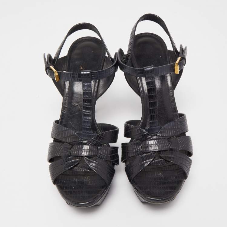 Pre Owned Saint Laurent Black Lizard Embossed Leather Tribute Sandals Size 39