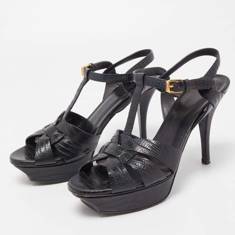 Pre Owned Saint Laurent Black Lizard Embossed Leather Tribute Sandals Size 39