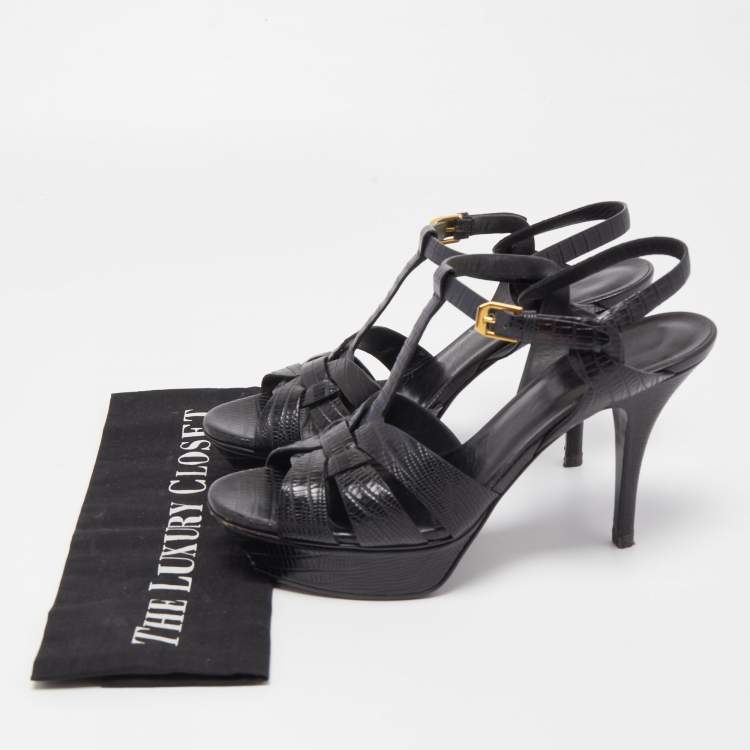 Pre Owned Saint Laurent Black Lizard Embossed Leather Tribute Sandals Size 39