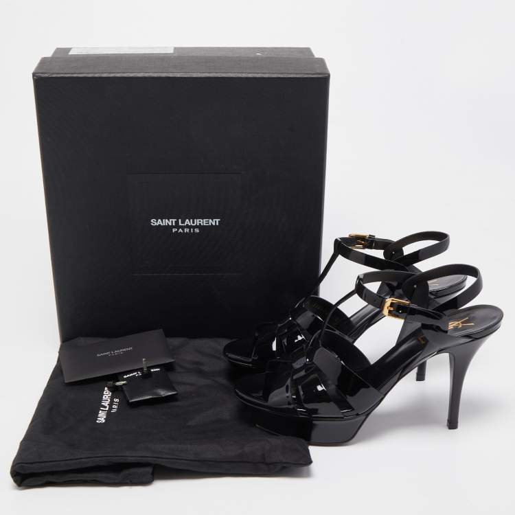 Pre Owned Saint Laurent Paris Black Leather Tribute Platform Ankle Strap Sandals Size 38
