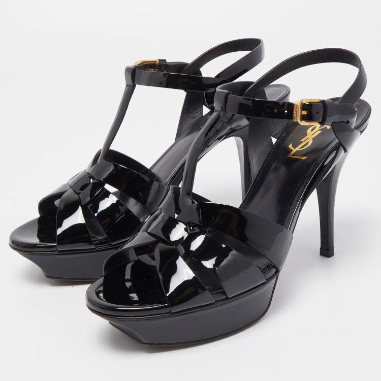 Pre Owned Saint Laurent Paris Black Leather Tribute Platform Ankle Strap Sandals Size 38