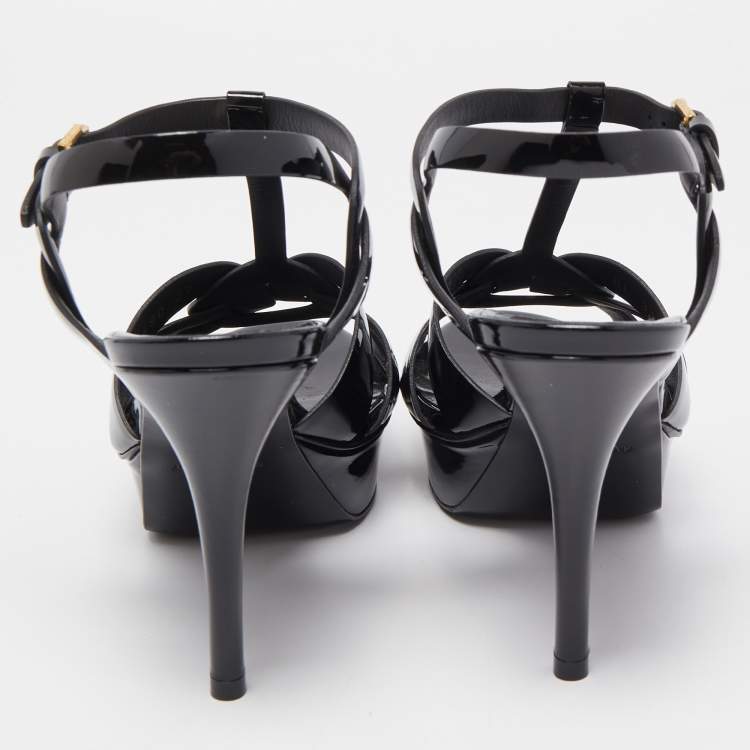 Pre Owned Saint Laurent Paris Black Leather Tribute Platform Ankle Strap Sandals Size 38