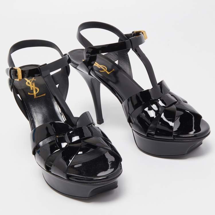 Pre Owned Saint Laurent Paris Black Leather Tribute Platform Ankle Strap Sandals Size 38