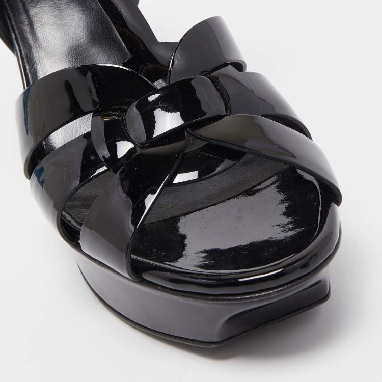 Pre Owned Saint Laurent Paris Black Leather Tribute Platform Ankle Strap Sandals Size 38