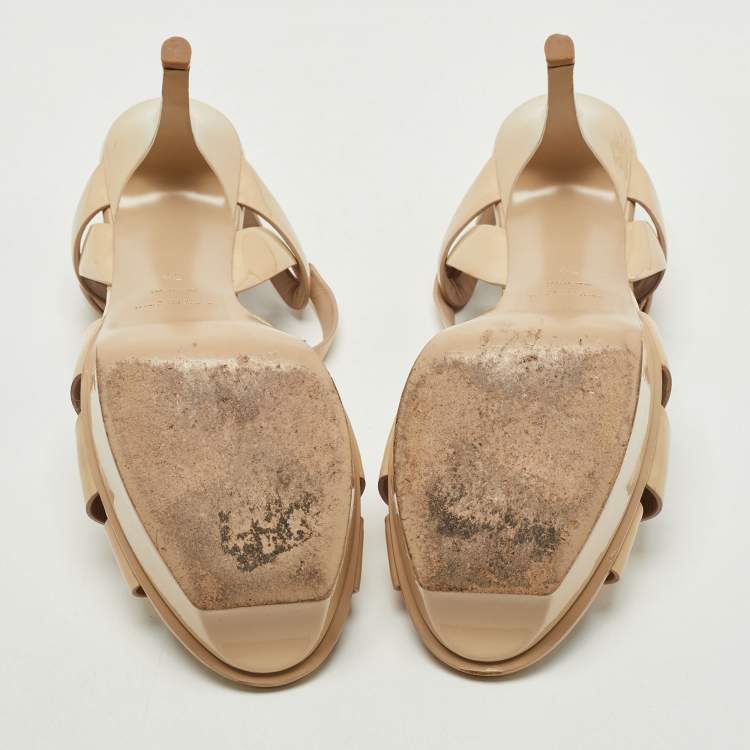 Pre Owned Saint Laurent Beige Patent Leather Tribute Platform Sandals Size 39