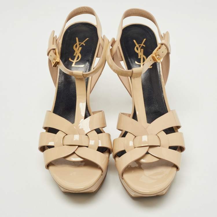 Pre Owned Saint Laurent Beige Patent Leather Tribute Platform Sandals Size 39