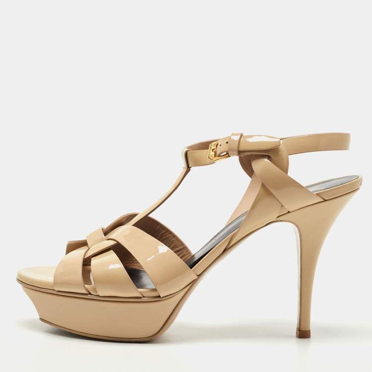 Pre Owned Saint Laurent Beige Patent Leather Tribute Platform Sandals Size 39