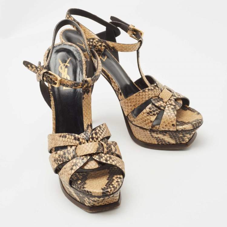 Pre Owned Saint Laurent Brown Python Embossed Leather Tribute  Sandals Size 38