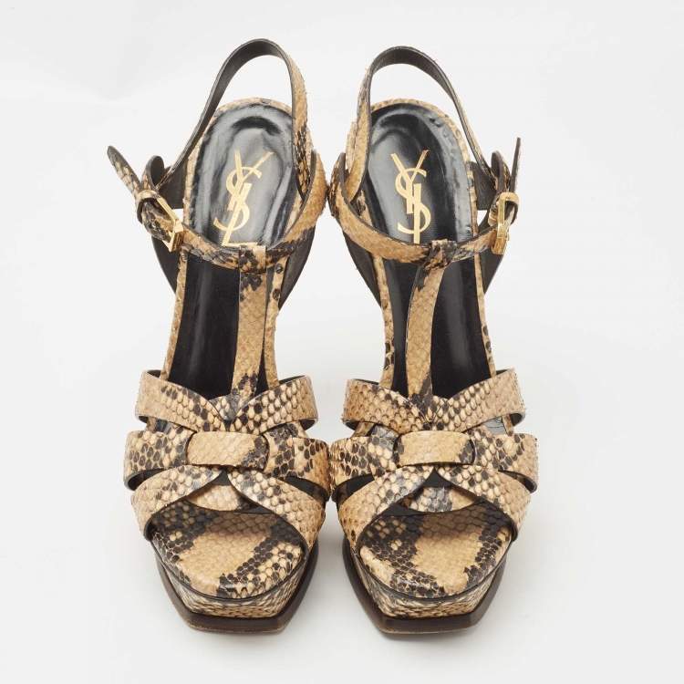 Pre Owned Saint Laurent Brown Python Embossed Leather Tribute  Sandals Size 38