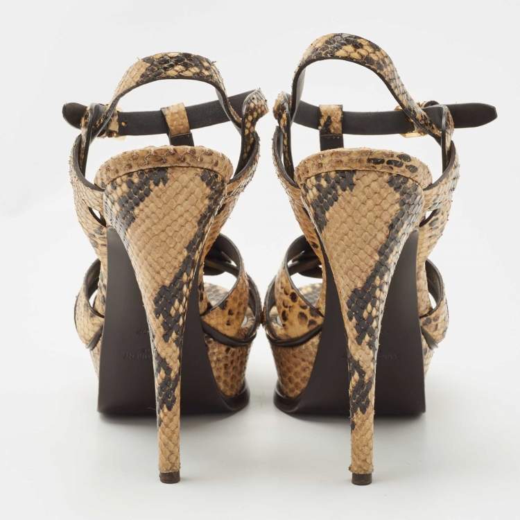 Pre Owned Saint Laurent Brown Python Embossed Leather Tribute  Sandals Size 38