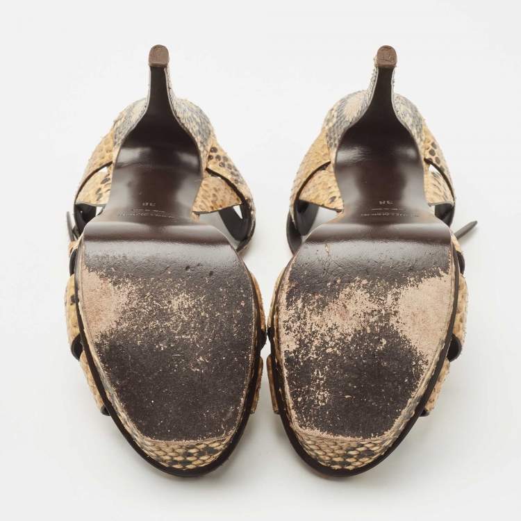 Pre Owned Saint Laurent Brown Python Embossed Leather Tribute  Sandals Size 38