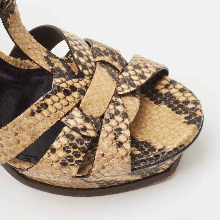 Pre Owned Saint Laurent Brown Python Embossed Leather Tribute  Sandals Size 38