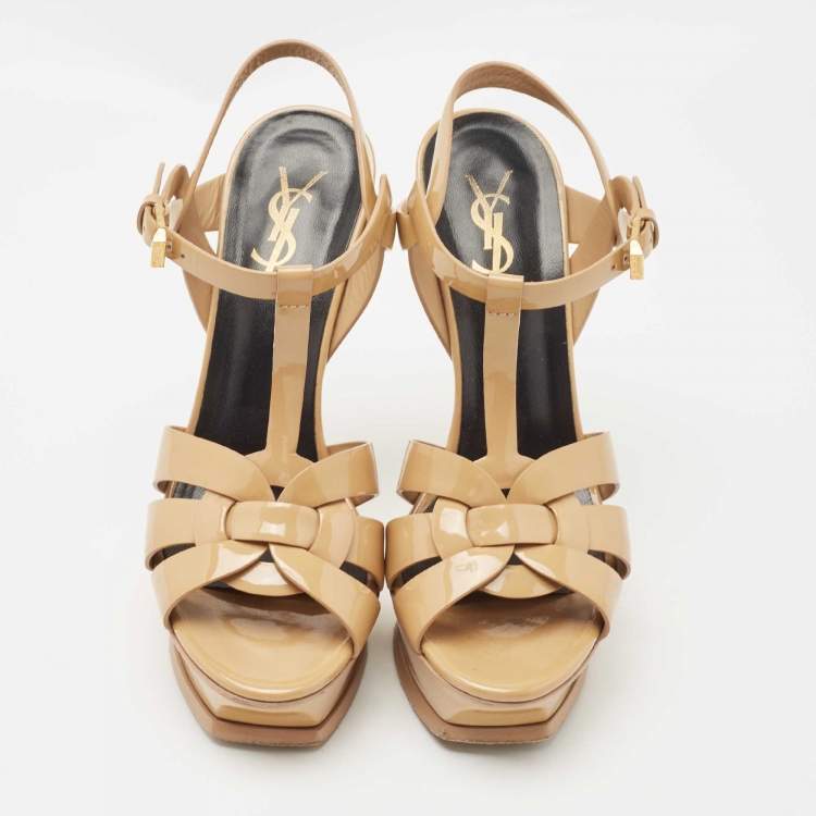 Pre Owned Saint Laurent Beige Patent Leather Tribute Ankle Strap Platform Sandals Size 37