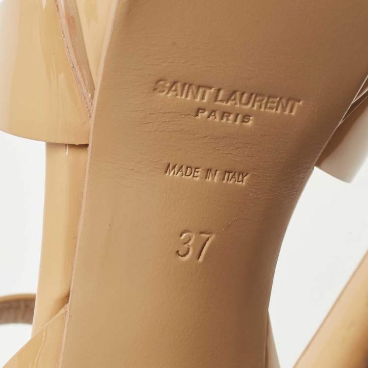 Pre Owned Saint Laurent Beige Patent Leather Tribute Ankle Strap Platform Sandals Size 37