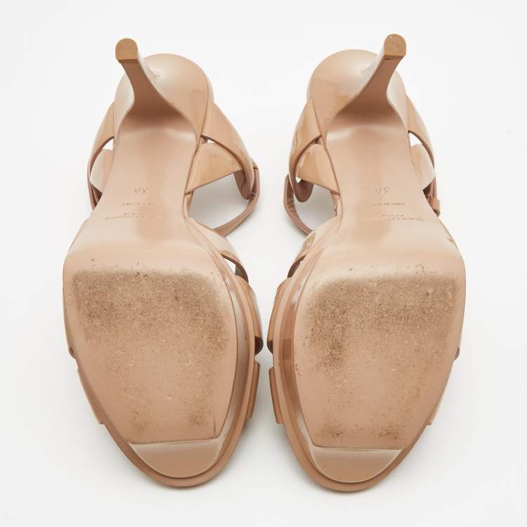 Pre Owned Saint Laurent Beige Patent Tribute Ankle Strap Sandals Size 36