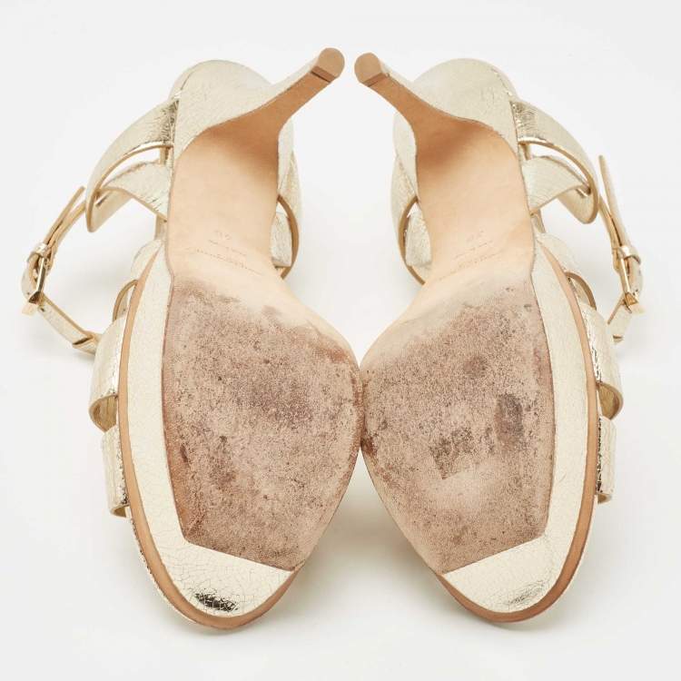 مملوكة مسبقًا Saint Laurent Gold Leather Tribute Sandals Size 38