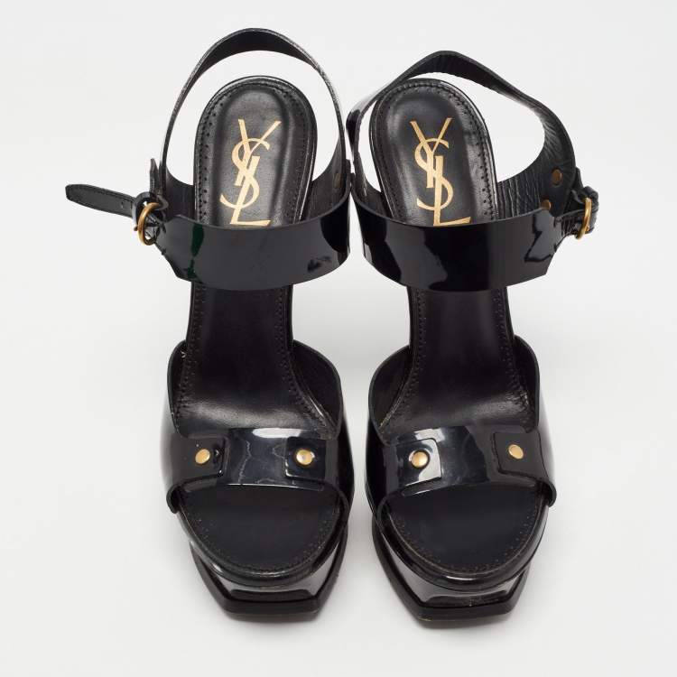 Pre Owned Saint Laurent Black Patent Leather Ankle Strap Sandals Size 40