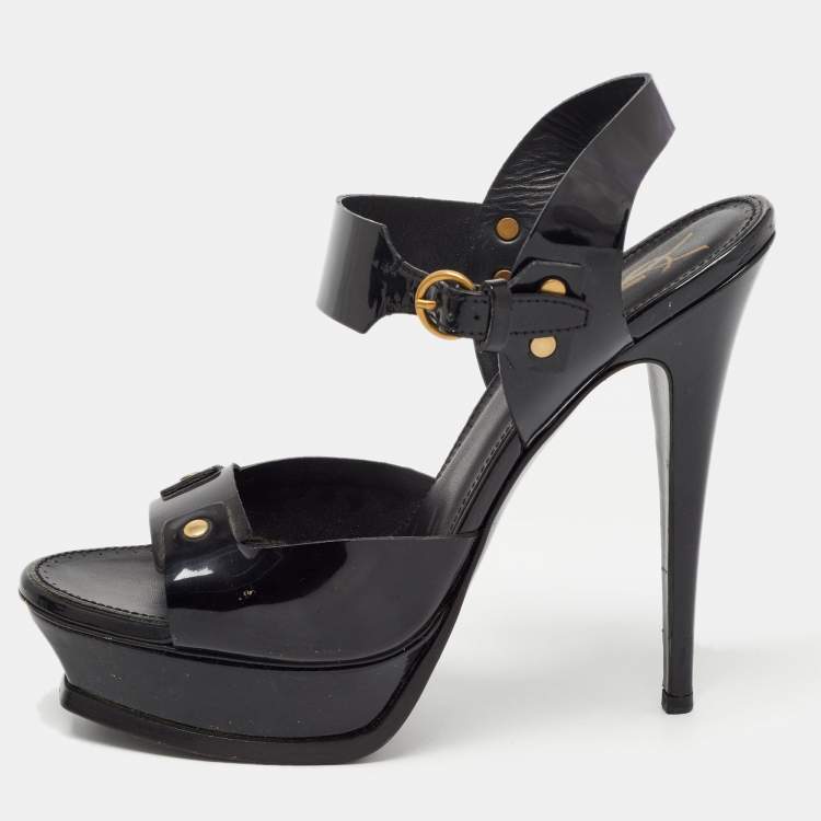 Pre Owned Saint Laurent Black Patent Leather Ankle Strap Sandals Size 40