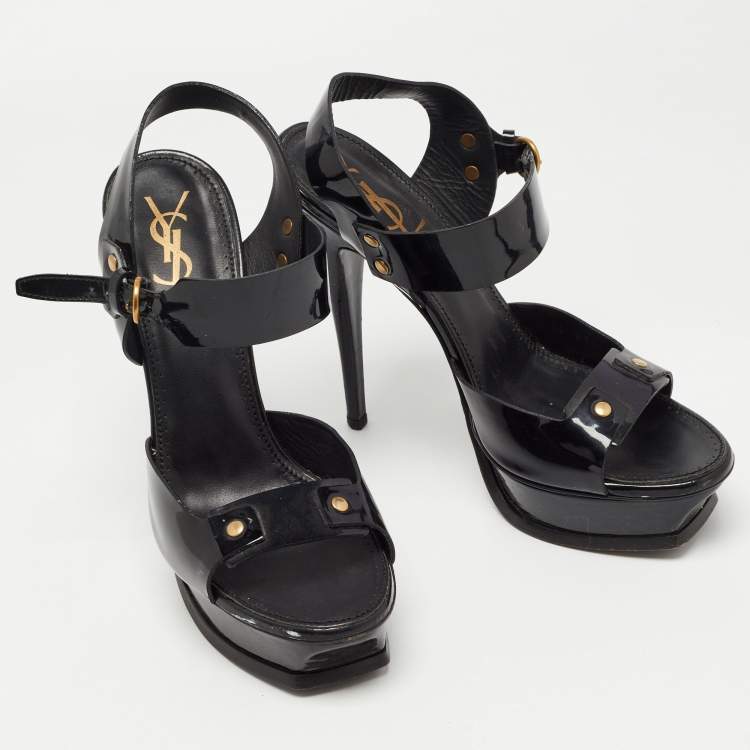 Pre Owned Saint Laurent Black Patent Leather Ankle Strap Sandals Size 40