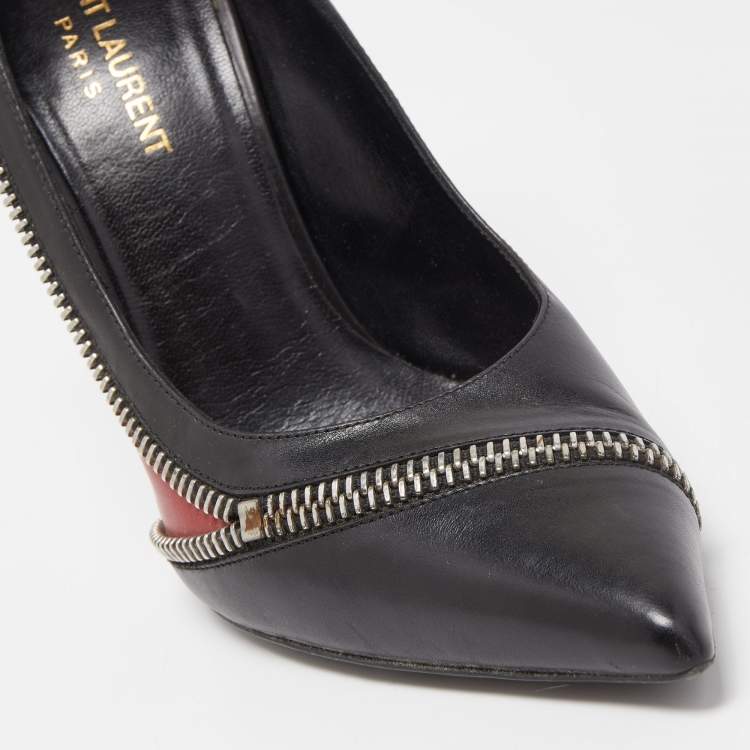 Pre Owned Saint Laurent Black/Red Leather Zipper Pointed Toe Pumps Size 40