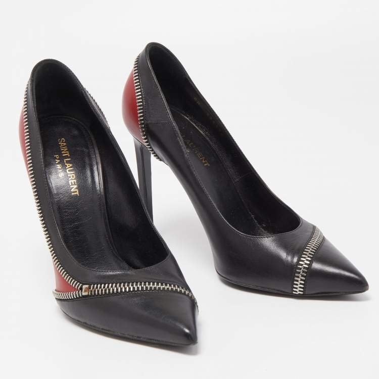 Pre Owned Saint Laurent Black/Red Leather Zipper Pointed Toe Pumps Size 40