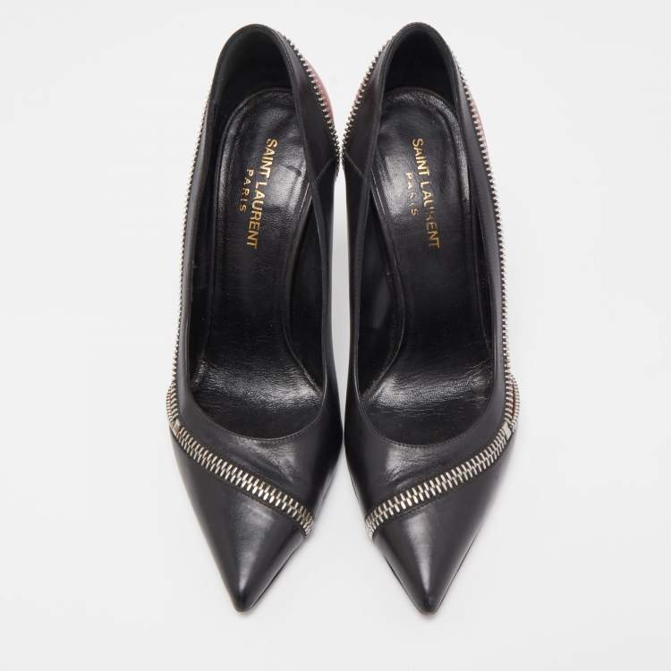 Pre Owned Saint Laurent Black/Red Leather Zipper Pointed Toe Pumps Size 40