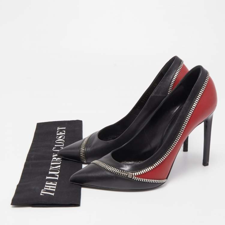 Pre Owned Saint Laurent Black/Red Leather Zipper Pointed Toe Pumps Size 40