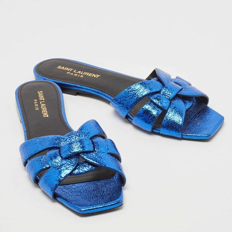 مملوكة مسبقًا Saint Laurent Paris Blue Texture Leather Tribute Slide Flat  Size 37.5