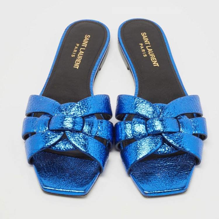 مملوكة مسبقًا Saint Laurent Paris Blue Texture Leather Tribute Slide Flat  Size 37.5