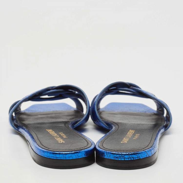 مملوكة مسبقًا Saint Laurent Paris Blue Texture Leather Tribute Slide Flat  Size 37.5