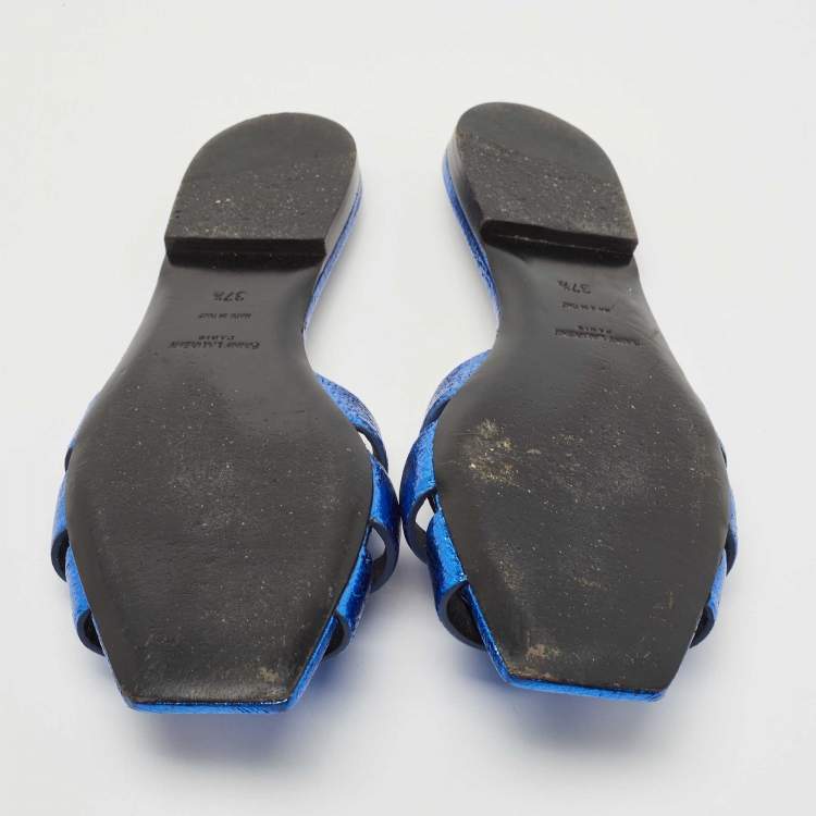 مملوكة مسبقًا Saint Laurent Paris Blue Texture Leather Tribute Slide Flat  Size 37.5