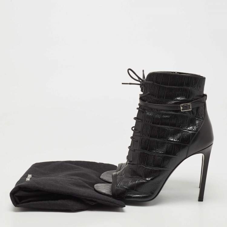 Pre Owned Saint Laurent Black Alligator Embossed Leather Ankle Boots Size 39.5