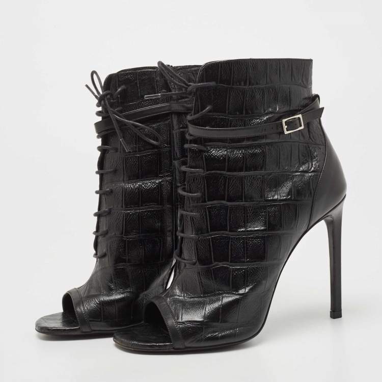Pre Owned Saint Laurent Black Alligator Embossed Leather Ankle Boots Size 39.5