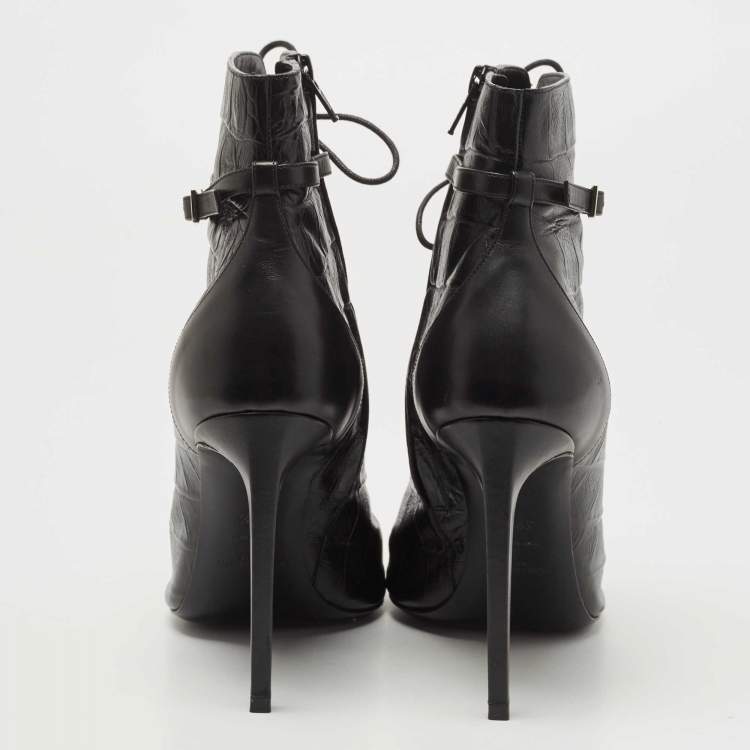 Pre Owned Saint Laurent Black Alligator Embossed Leather Ankle Boots Size 39.5