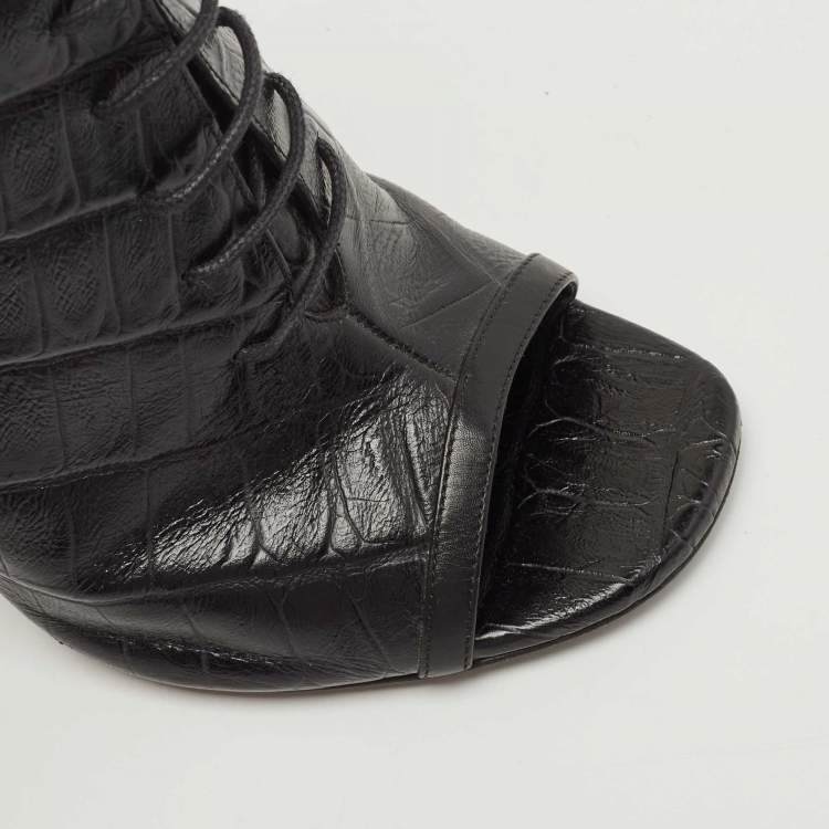 Pre Owned Saint Laurent Black Alligator Embossed Leather Ankle Boots Size 39.5